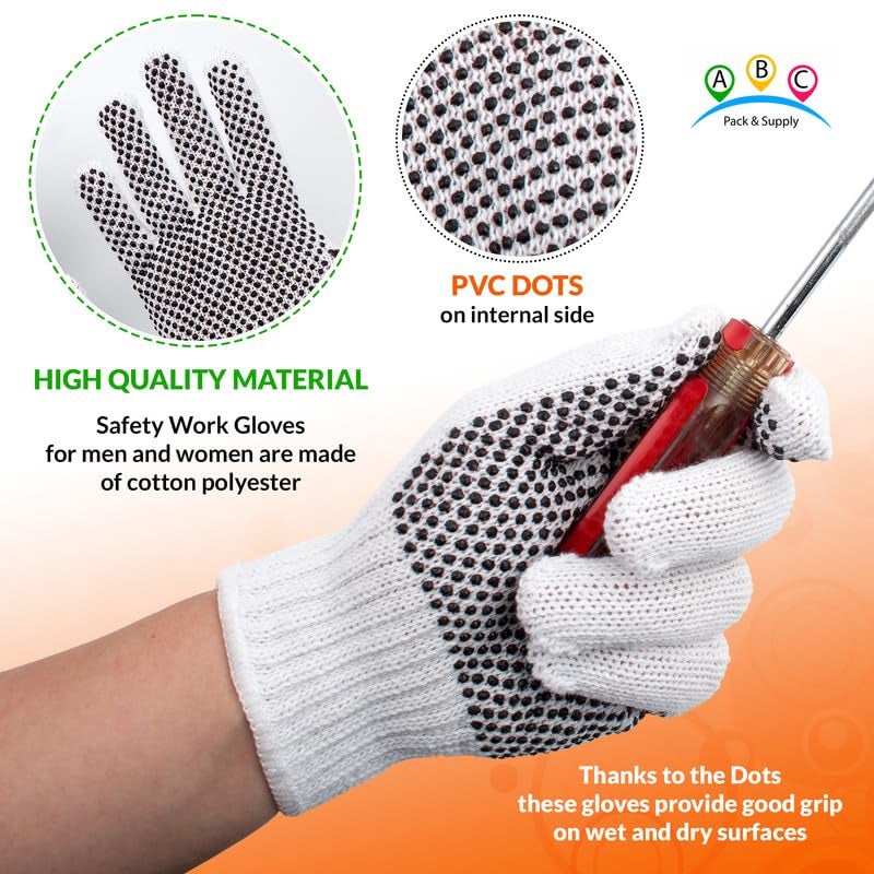 ABC PACK & SUPPLY PVC Dotted Working Gloves, 10 Inches. Pack of 24 Polyester Cotton Gloves with Grip Dots on Palm Sides. 12 Pairs of Breathable Womens & Mens Work Glove with Elastic Wrists - Image 3